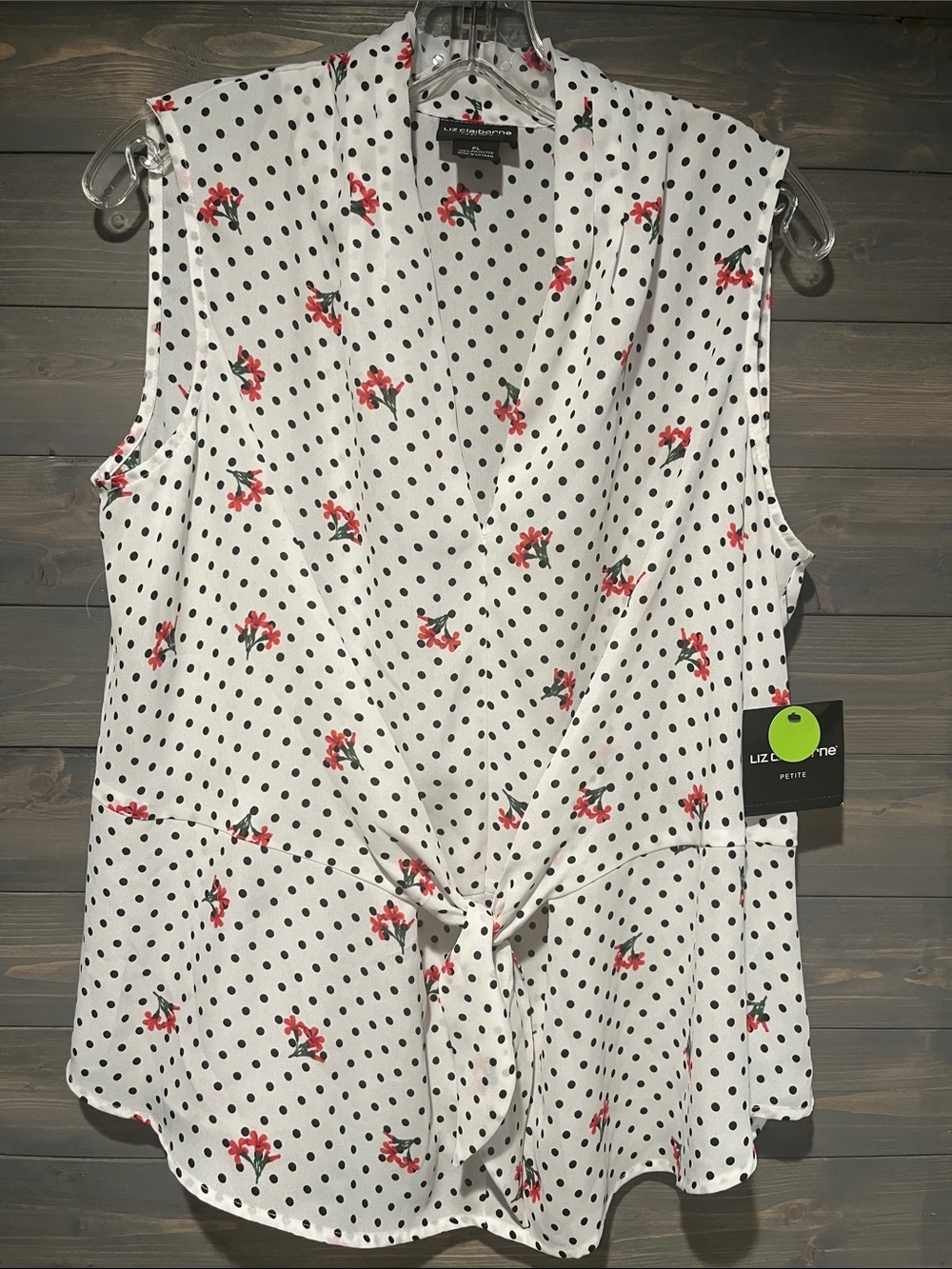 NWT Liz Claiborne Carre Polka Dot Sleeveless Tie-Front Top PL